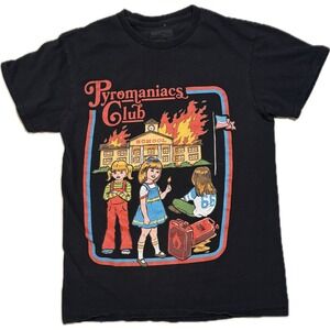 Pyromaniacs Club Graphic T-Shirt Black Short Sleeve Retro Art Mens Small